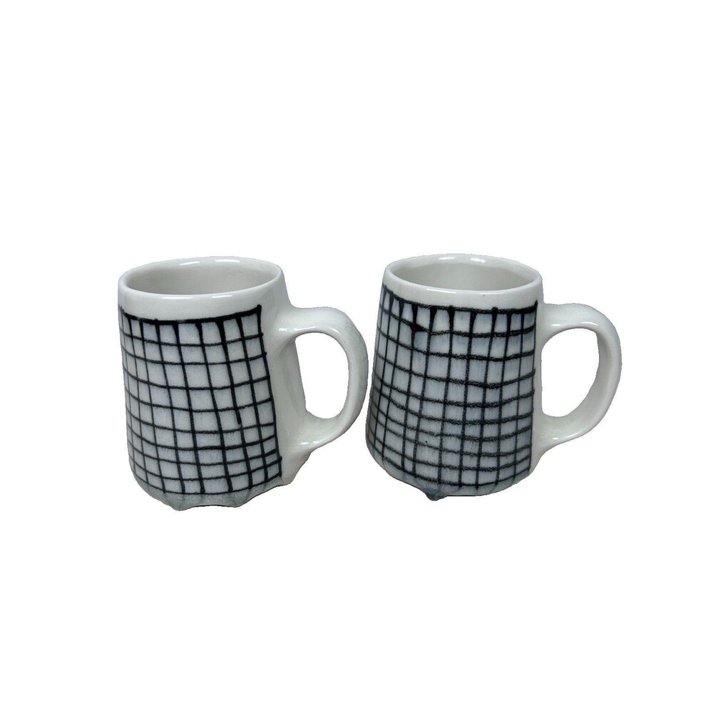 Lauren HB Studio Pottery Stria Grid  Mug (Lot of 2) 12oz Handmade Art USA OH